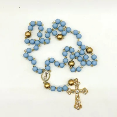 Terço de Corrente – azul céu/brilho/dourado